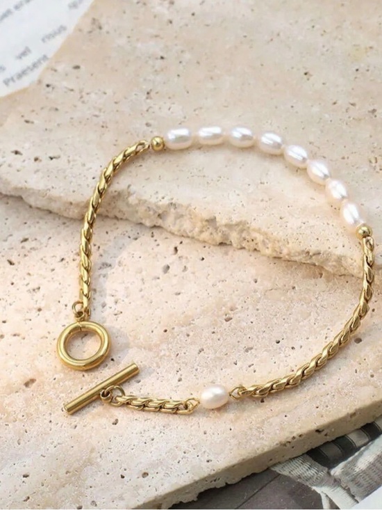 Anthropologie Jewelry - Gold Chain and White Bead Toggle Bracelet Stainless Steel